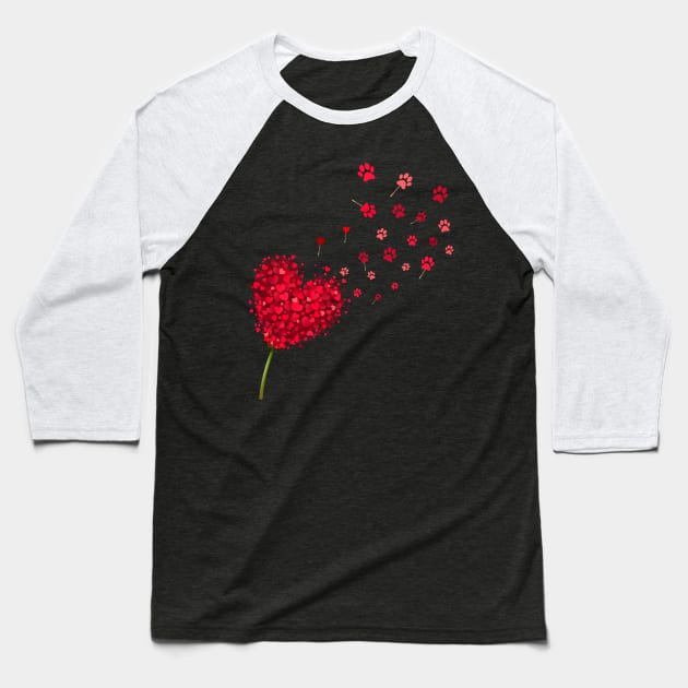 Heart Dandelion Valentine Dog Paws Baseball T-Shirt by Manonee